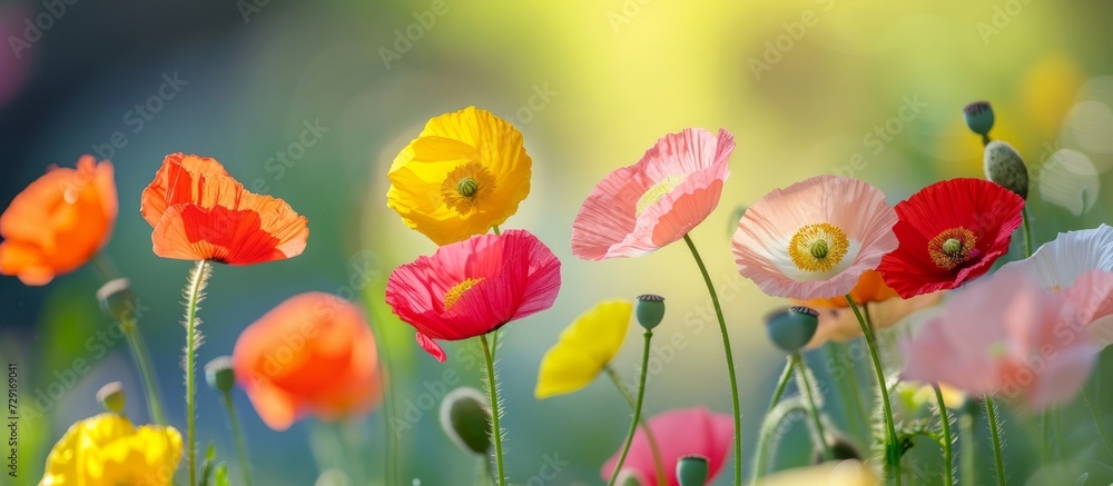 Wild poppies in various colors growing in a blurry background in spring. Wild poppies in various colors growing in a blurry background in spring.
