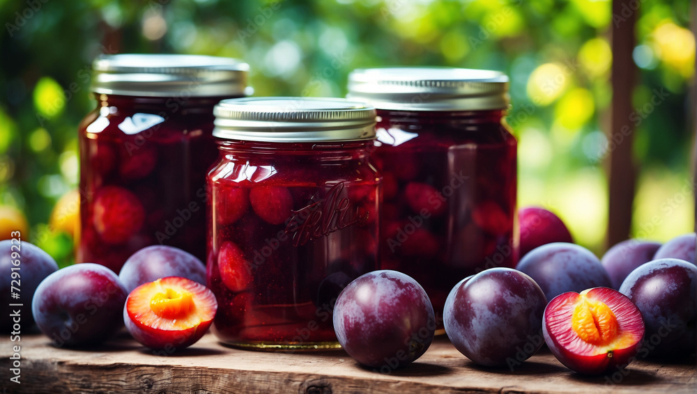 Closeup of plum jam and fresh plums Closeup of plum jam and fresh plums