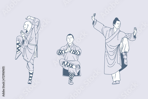 Set of outline illustrations of shaolin kung fu