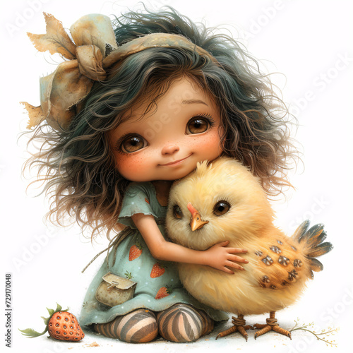 Cute girl with curly hair with a shiny bow, in a menthol T-shirt with strawberries, skirt with pockets, striped tights and shoes with clasps, hugging a big Cute Chicken 