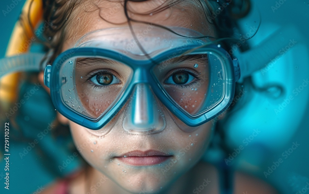 Young Girl Wearing Diving Mask and Goggles Young Girl Wearing Diving Mask and Goggles