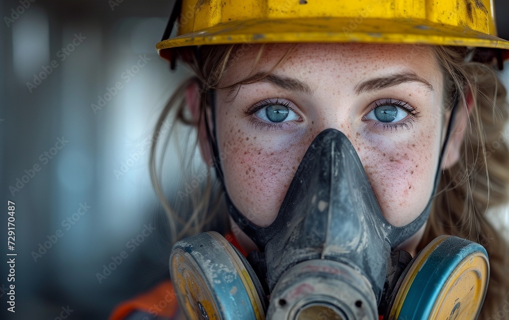 Woman Wearing Gas Mask and Hard Hat Woman Wearing Gas Mask and Hard Hat