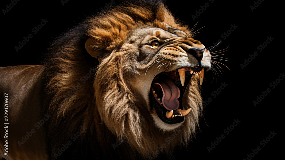 A picture of a lion roaring on black