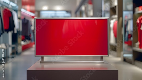 Blank red sign on table, clothing store in shopping mall blurred backgrounds, mockup template advertise for Special offer or shopping discount sale. copy space for text.