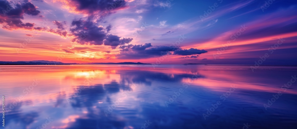 Colorful sunset sky reflecting on a calm and tranquil beach, inspiring a relaxing and peaceful summer vacation.