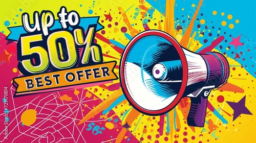 A fashionable colorful advertising banner that attracts attention, in the style of a retro poster with a megaphone and the inscription the best offer up to 50%