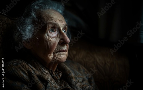 Old Woman Sitting in Chair, Gazing Into the Distance