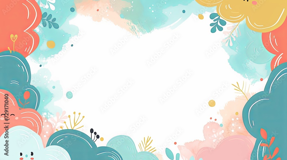 Light colored cartoon cloud decoration background, huge dialog box, cartoon frame, cat cartoon shape, playful lines, border background, minimalism, cartoon decoration, graffiti style.