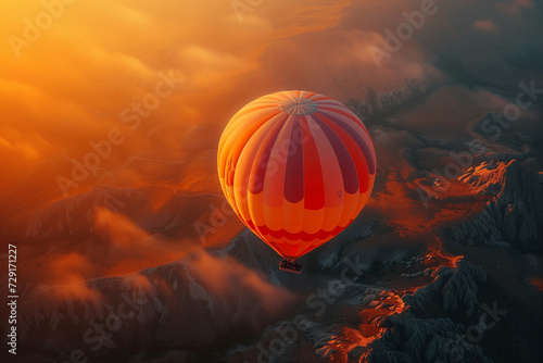 Colorful hot air balloon floating above a scenic hilly landscape above the clouds. Beautiful landscape at sunset in summer. Countryside landscape background.