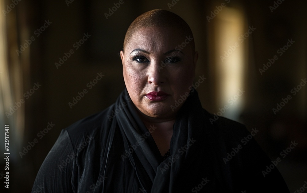 Multiracial Woman With Bald Head Wearing Black Scarf