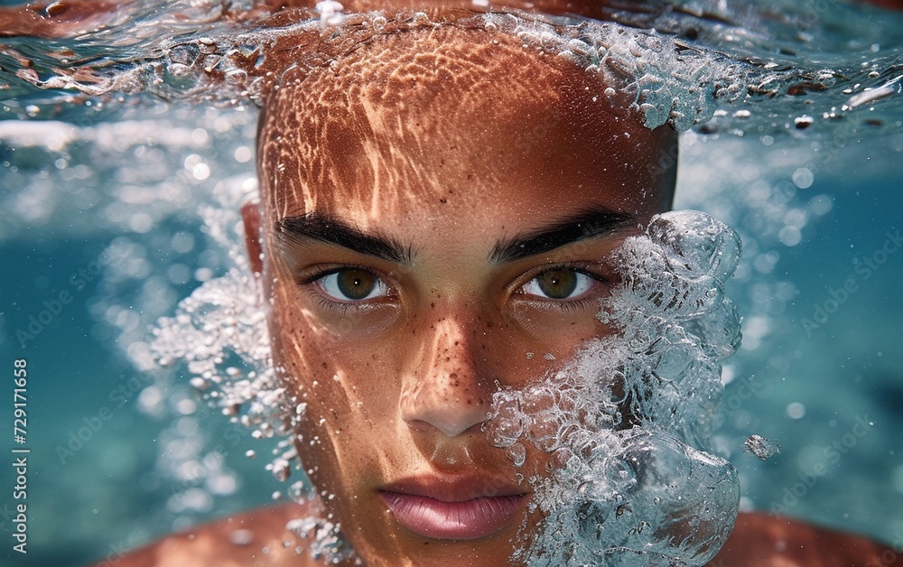 Multiracial Man Swimming Underwater in Pool