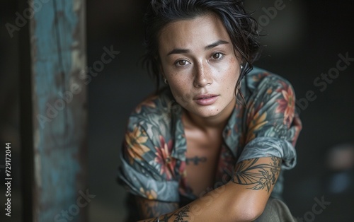 Multiracial Woman Sitting Down With Arm Tattoos