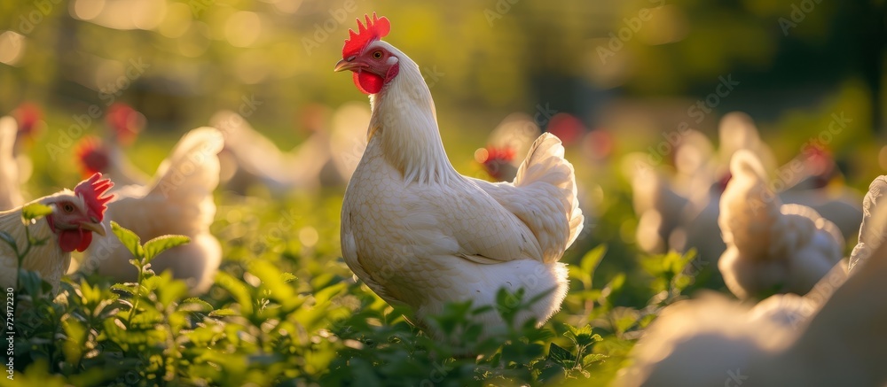 Poultry breeding on a green farm includes Brahma and white chickens. Poultry breeding on a green farm includes Brahma and white chickens.