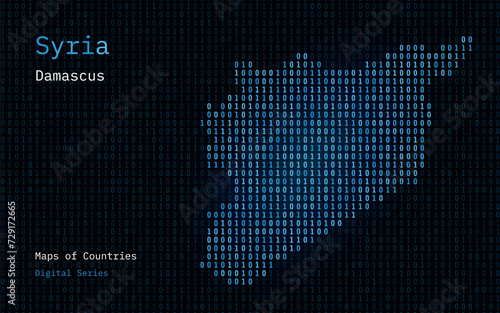 Syria Map Shown in Binary Code Pattern. TSMC. Blue Matrix numbers, zero, one. World Countries Vector Maps. Digital Series