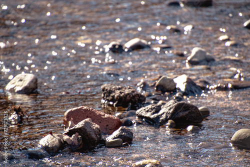 rocks in the water with sunlight on them from below the surface