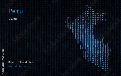 Peru Map Shown in Binary Code Pattern. TSMC. Blue Matrix numbers, zero, one. World Countries Vector Maps. Digital Series