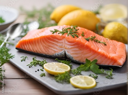 Fresh salmon stacked with lemon and herb