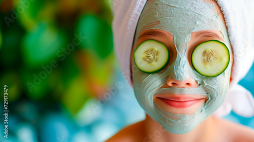 Girl enjoying a spa day at home with facial mask and cucumber slices, a moment of relaxation.