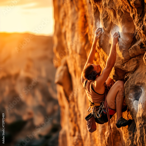 Climber ascending a rock face, showcasing strength and determination against a backdrop of a stunning sunset.