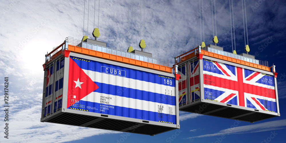 Shipping containers with flags of Cuba and United Kingdom - 3D illustration