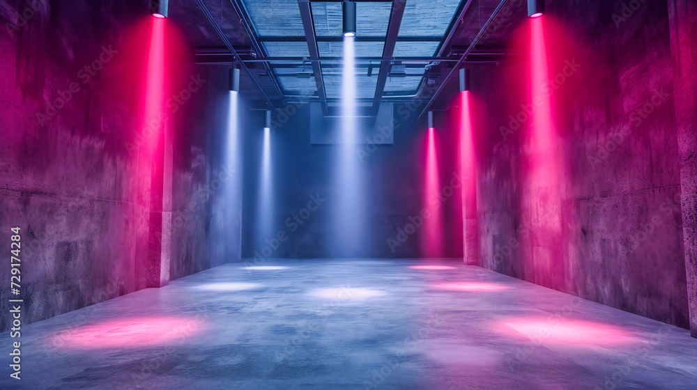 Modern and futuristic space with abstract lights, showcasing a neon-lit corridor in a contemporary setting with a sense of advanced technology Modern and futuristic space with abstract lights, showcasing a neon-lit corridor in a contemporary setting with a sense of advanced technology
