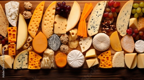 Various types of cheese on wooden table, top view. Food background