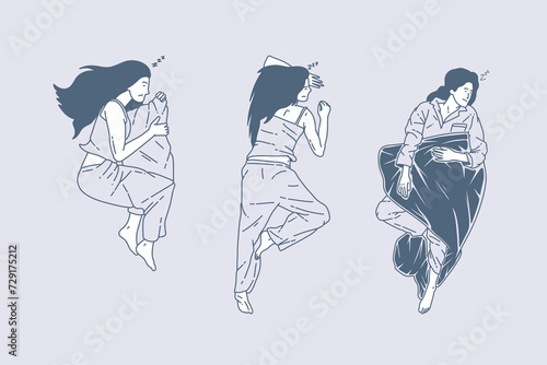 Set of outline illustrations of sleeping activities