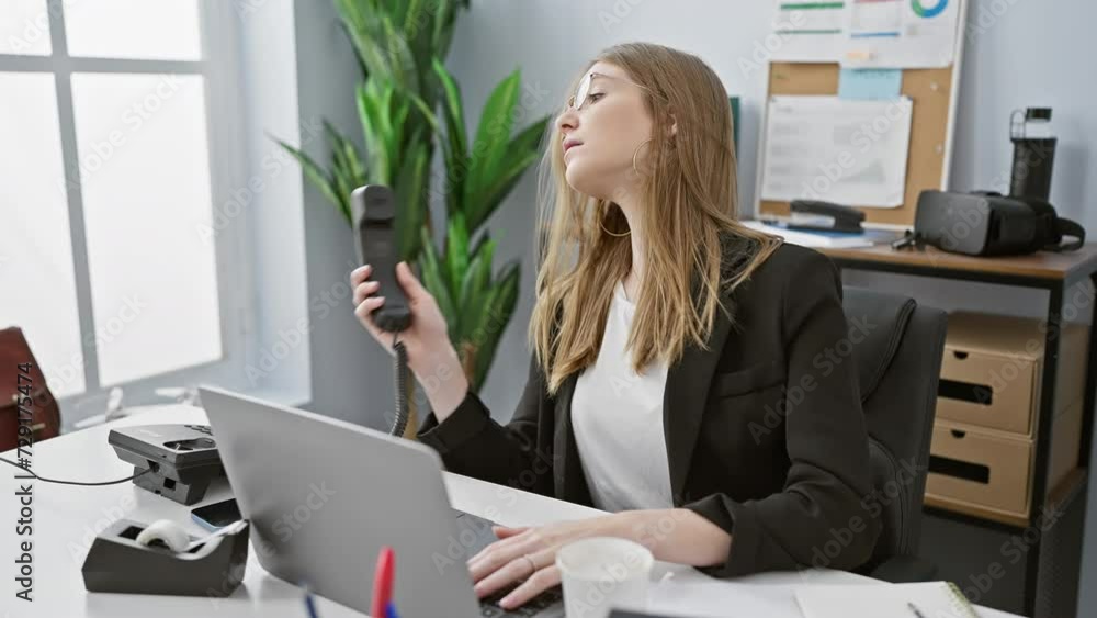 A professional young woman multitasks in an office, using a phone and laptop simultaneously. A professional young woman multitasks in an office, using a phone and laptop simultaneously.