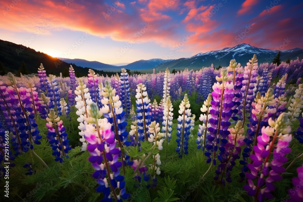Fototapeta premium : A dense field of lupine flowers in a variety of colors, creating a stunning carpet of blossoms in a mountain meadow.