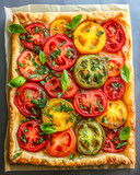 Top View of Colorful Tomato Tart with Herb Garnish