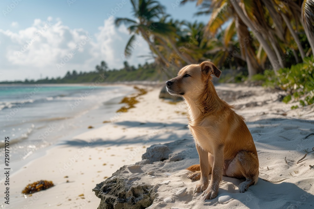 cute dog sitting on a tropical beach with palm trees in the background