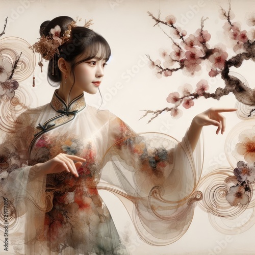 Ethereal Beauty Amidst Blooming plum bossom with Chinese cheongsam girl with Generative AI. photo