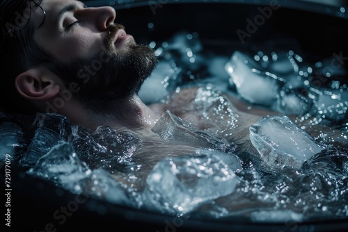 man in ice bath surrounded by ice cubes