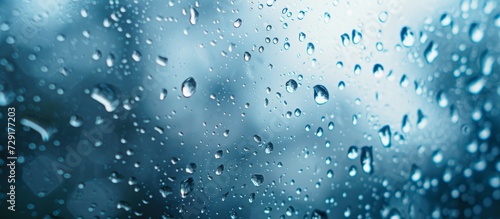 Raindrops on a window with light blue color in high contrast photograph.