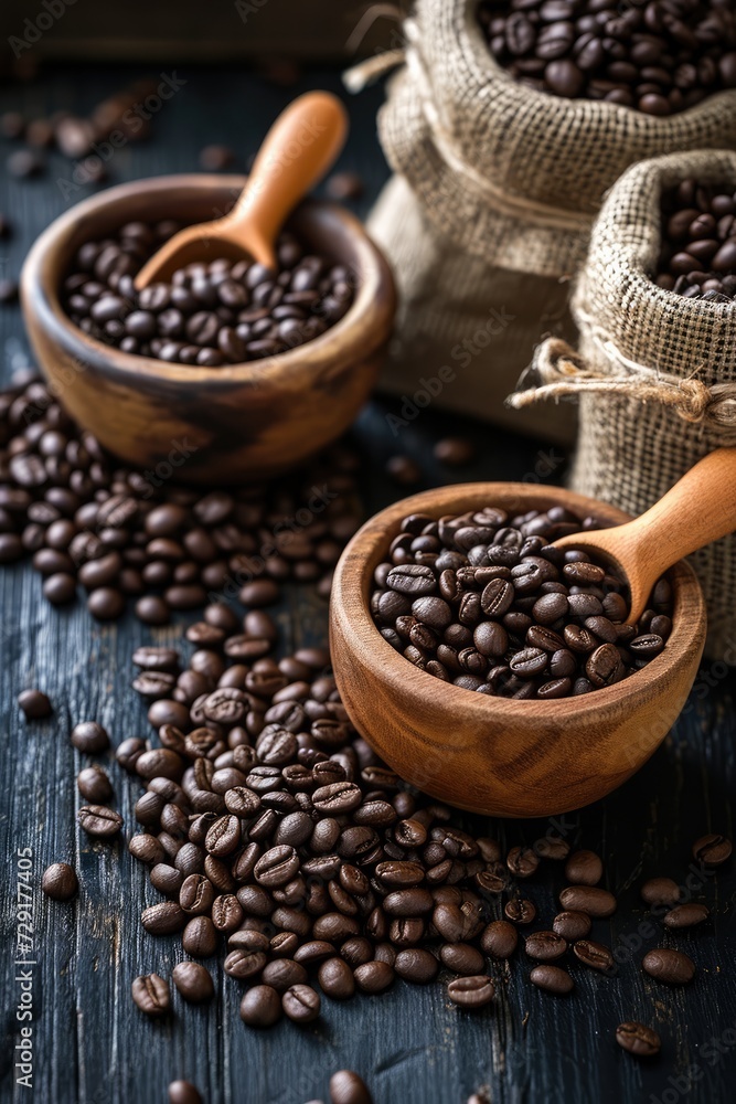 Coffee beans on wooden table Coffee beans on wooden table