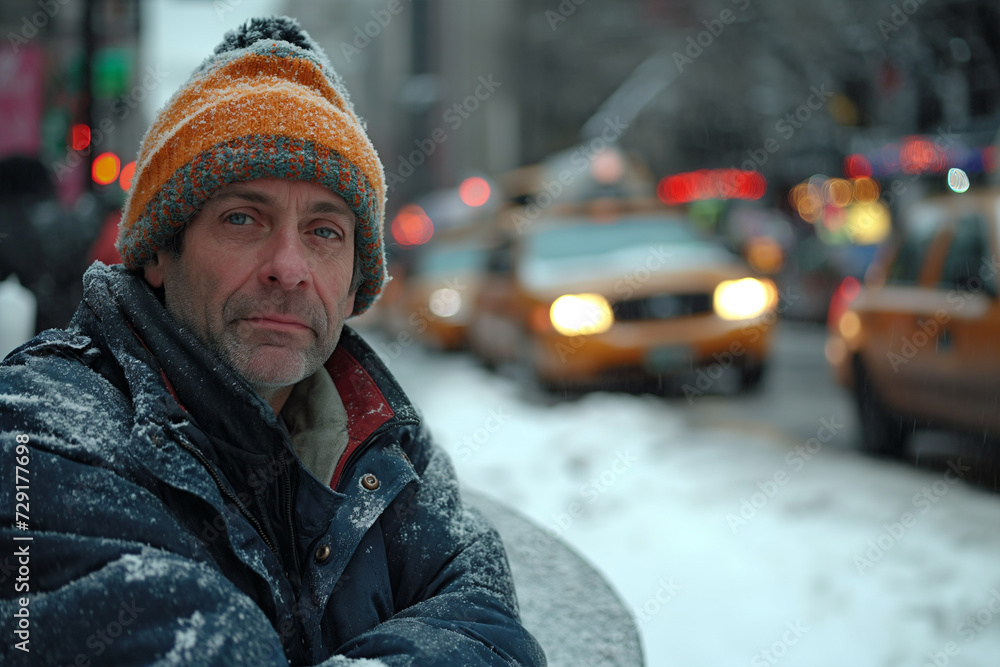 An unemployed American man sits on the street in winter An unemployed American man sits on the street in winter