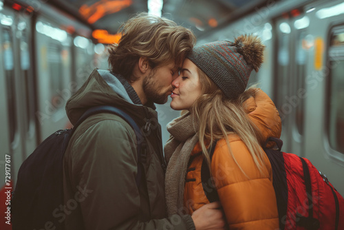 Affectionate young couple kissing at a metro station