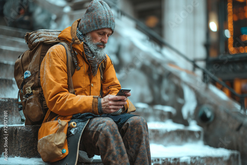 A man with a backpack and a skateboard, using a mobile phone, sits on the stairs on the street