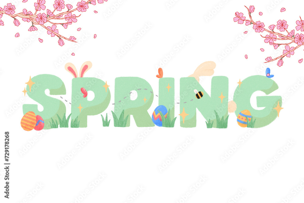Spring word with flowers leafs and butterfly, greeting card Spring word with flowers leafs and butterfly, greeting card