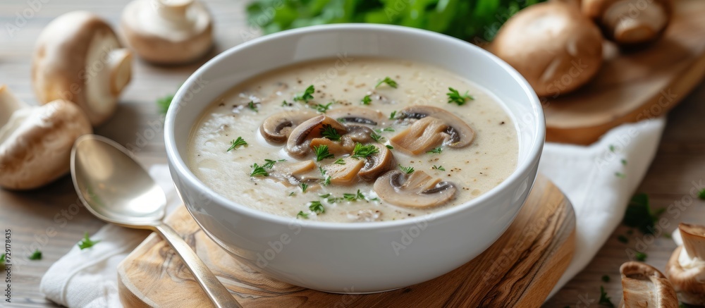 Side-view of mushroom cream soup served on a white wooden board. Side-view of mushroom cream soup served on a white wooden board.