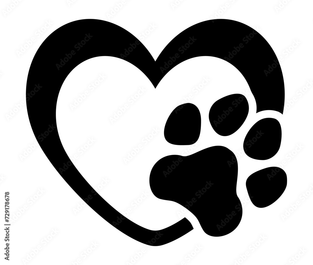 Heart paw. Vector illustration. Dog love print. Isolated black object ob white background. Heart paw. Vector illustration. Dog love print. Isolated black object ob white background.