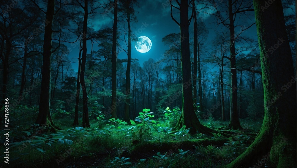 An enchanted forest glowing under a full moon, with trees radiating bioluminescent blues and greens Generative AI