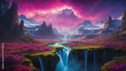 A mystical valley with floating islands, waterfalls cascading into the void, under an aurora of vibrant purples and pinks Generative AI