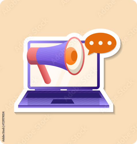 Digital marketing sticker illustration. Laptop, loudspeaker, speech bubble, geolocation. Editable vector graphic design.