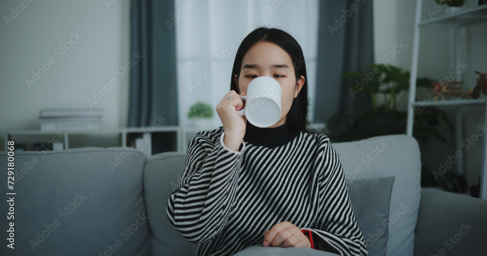 Portrait of Relaxing young woman holding cup enjoy smell coffee or tea and drinking with happiness in morning while sit on sofa in living room,Free time,take break in home,smiling Portrait of Relaxing young woman holding cup enjoy smell coffee or tea and drinking with happiness in morning while sit on sofa in living room,Free time,take break in home,smiling
