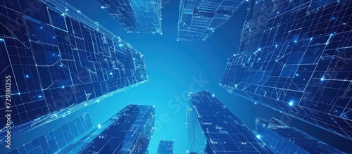 Abstract view skyscrapers with blue glass of polygonal wireframe illustration. AI generated