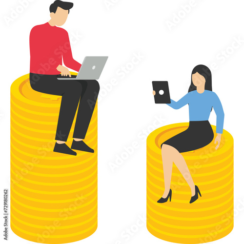Gender wage gap, salary or income, gender diversification concept problem, inequality between male and female wages, employers standing on coin money are paid more, women on coin income less
