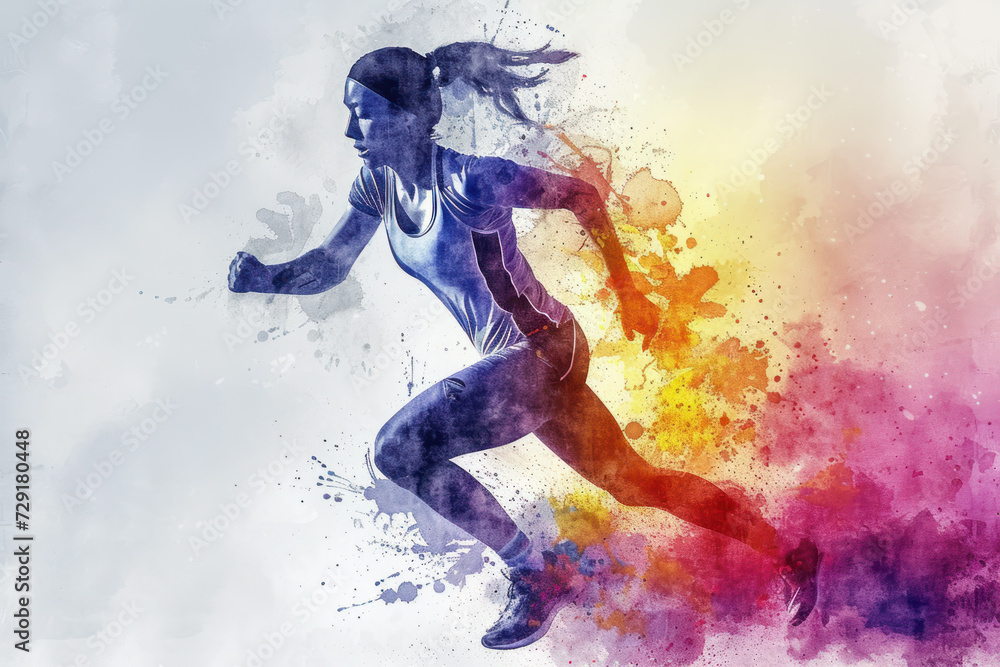 Naklejka premium Athletic athlete in action, woman colourful watercolour with copy space