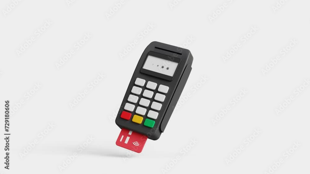 Paying for purchases with a credit card. Online payment terminal concept. Pos terminal. Contactless payment transaction. 3D pos terminal with bank card and receipt. 4k 3d animation Paying for purchases with a credit card. Online payment terminal concept. Pos terminal. Contactless payment transaction. 3D pos terminal with bank card and receipt. 4k 3d animation