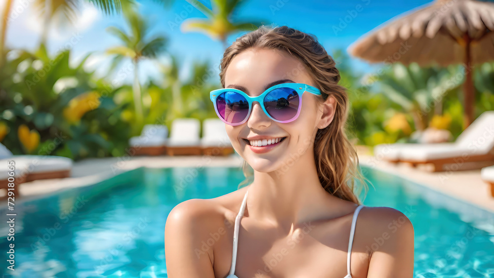 Young smiling woman swimming in luxury tropical resort pool during vacation.Summer, travel, tourism concept.Generative AI
